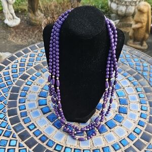 Vintage Lucite Purple Gold Beaded 3 Stranded Necklace